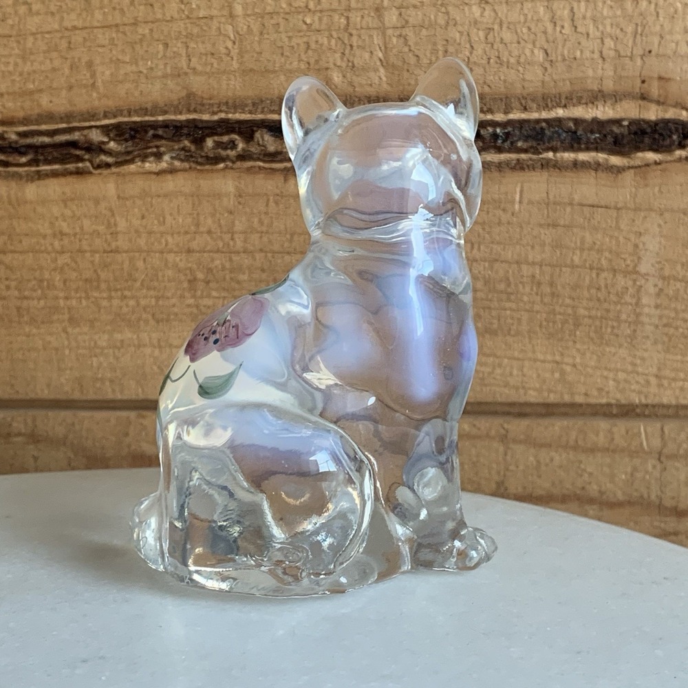 Fenton MCM Glass Cat‎ Hand Painted With Flowers Floral Design Opalescent 3.5" - Picture 4 of 8